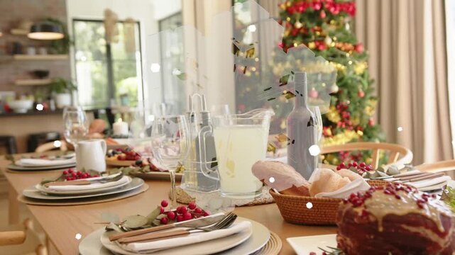 Camera panning holiday table sliding pitcher centering roast revealing flakes drifting to show meal