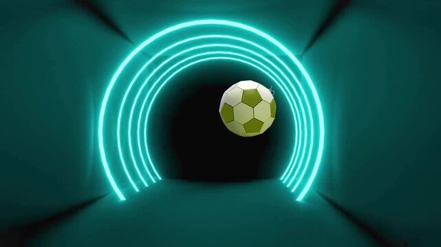 Soccer ball emerging as teal arches light, following white streak toward center, rotating, sparking