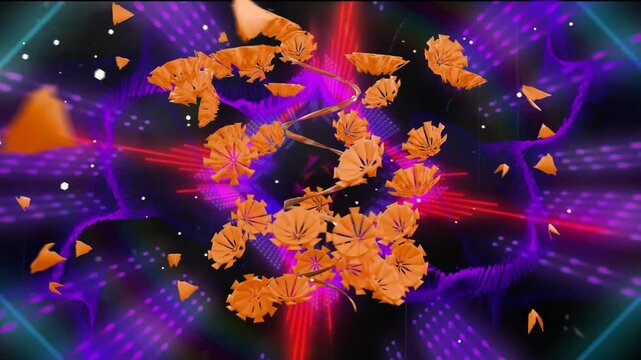 Pulsing diamond initiating orange petals rotating drifting outward, shedding shards, adding depth