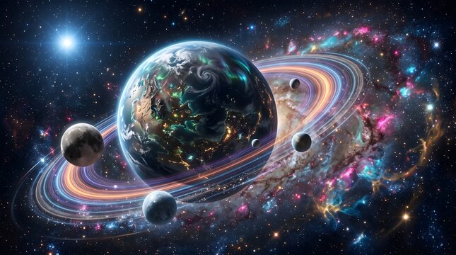 Fantasy illustration of a ringed planet surrounded by colorful nebula clouds, stars, and multiple moons in deep outer space. Ideal for astronomy, science fiction, and space exploration concepts.
