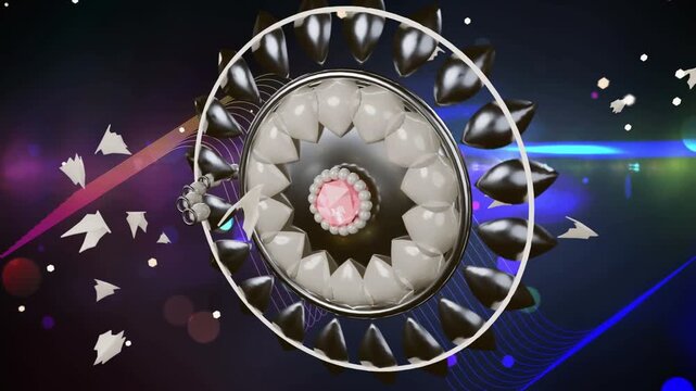 Concentric circle rotating clockwise, rim gear shifting and releasing shards for neon glow