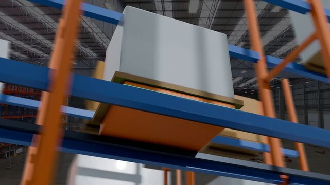 Camera orbiting rack white pallet staying still while brown box passing rail showing storage layout