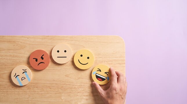 Emotion Icons Wooden Emoji Faces for Customer Feedback, Mood Tracking and Satisfaction Concept
