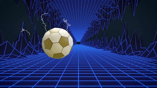 Soccer ball forming from pulsing white orb, drifting through neon tunnel with sparks drawing focus