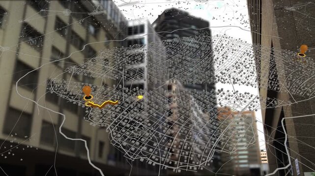 3D map overlay drawing yellow route after left orange pin appears, guiding dot toward right pin