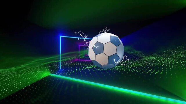 White glow appearing, orb forming then morphing into rotating soccer ball while neon frames pulsing