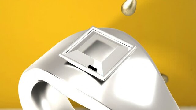First gold droplet appearing, falling around silver ring while camera pulling back, revealing bezel