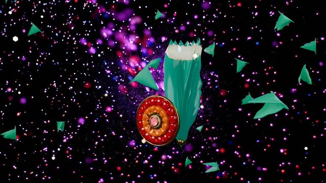 Nebula brightening spurring teal column and red wheel rotating, shards orbiting to accent assembly