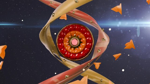 On play hub rotating while ribbons twisting into double helix, shards drifting, emphasizing depth
