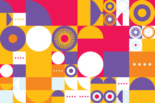 Abstract geometric patterns with bold red, purple, and orange shapes bauhaus circles triangles