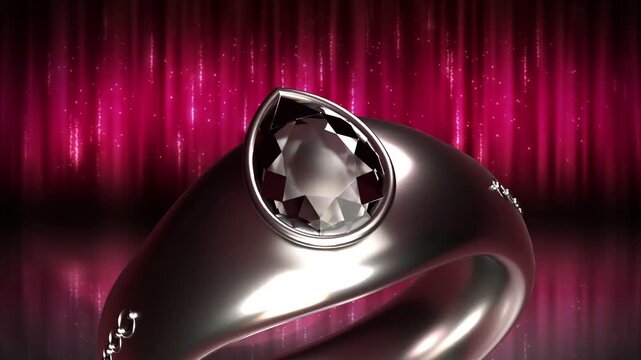 Light sweeping, shiny ring rotating and tilting, showcasing teardrop gem mirroring magenta glow