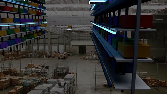 Aerial camera moving down aisle, automated racks extending blue carriers, boxes moving to pick hub