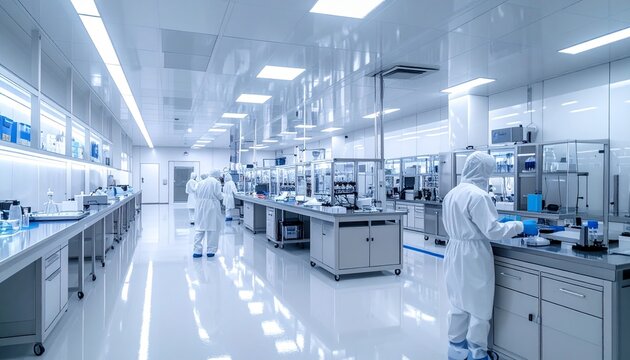 Modern automated pharmaceutical production facility interior.