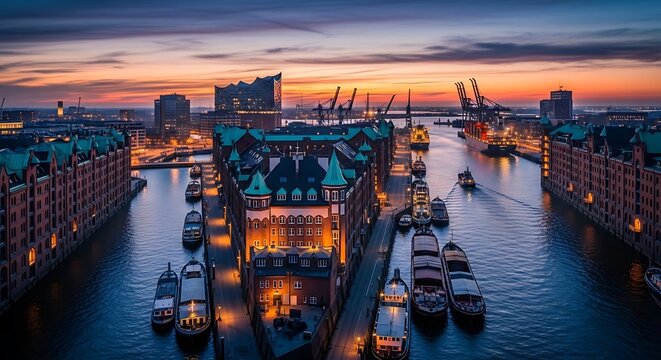 Illuminated Historic Waterfront Warehouses Overlooking Busy Harbor Canal at Sunset