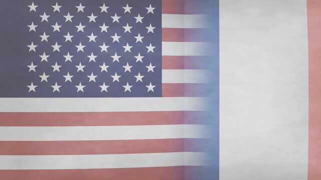 Soft blue band appearing at US flag edge, seam sharpening, paper tearing, revealing gray cityscape