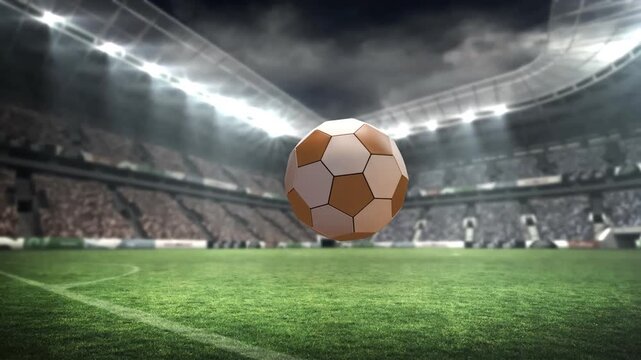 Soccer ball forming from glow entering from right, rotating and hovering, announcing kickoff