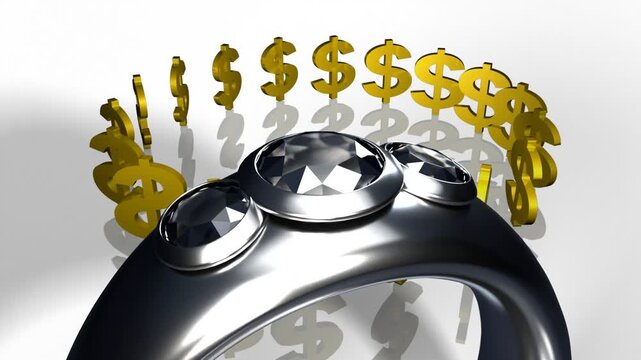 Camera pulling back from closeup, revealing metal ring, 3 gems and gold $ circle showing value