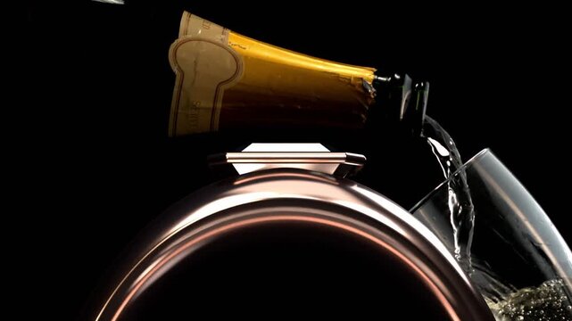 Round metal disc centering, bottle rotating further and pouring, glass filling, showing highlights
