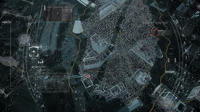 Pulsing radar scanning aerial map HUD updating red pins growing blue route drawing linking waypoint