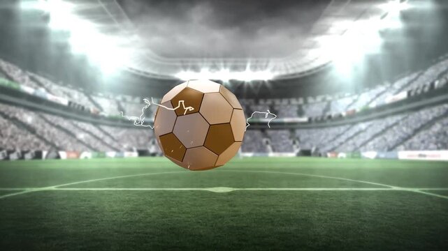 Glowing orb appearing from right, forming floating football above center, sparks pulsing for reveal