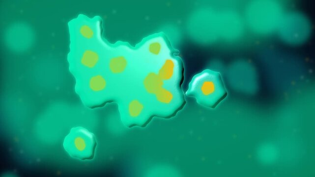 Abstract microscopic bacteria cells multiplying and spreading in a vibrant green liquid, a conceptual animation of microbial growth, disease, or biological processes