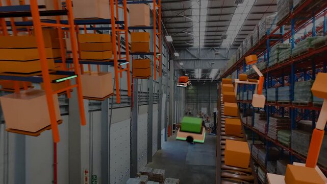 Conveyor moving, robot arms lifting boxes to upper rail, units storing as camera pulling back-left
