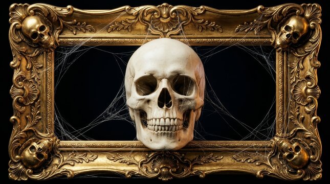 Gothic Human Skull in Ornate Vintage Gold Frame with Spiderwebs