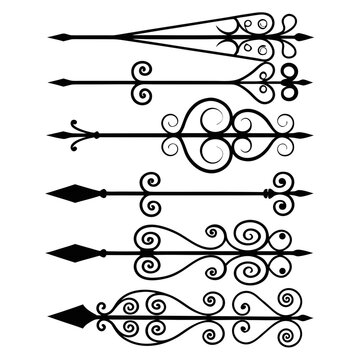 A collection of elegant black filigree arrows decorative dividers and ornate page break elements with intricate scrollwork and flourishes for design projects.
