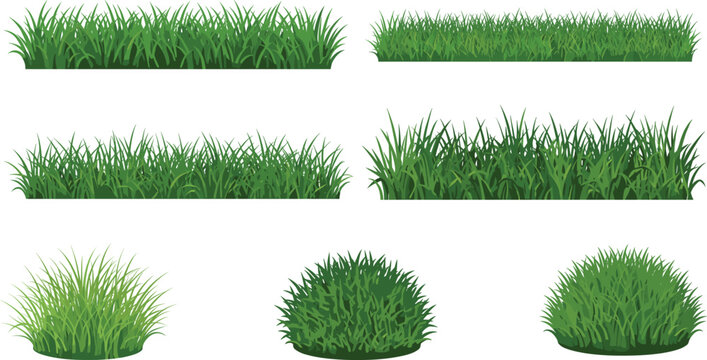 Various green grass borders, tufts and bushes vector illustration set isolated on white