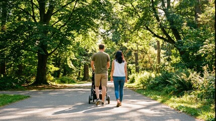 Obraz premium Young Couple Walking with Baby Stroller in Sunny Summer Park
