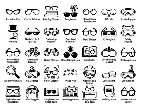 Eyewear Collection: Glasses, Sunglasses, Goggles, Lenses, Spectacles Icons