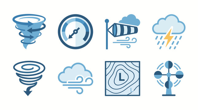 Weather icons set displays various meteorological phenomena including storms, wind speed, and atmospheric pressure measurements.