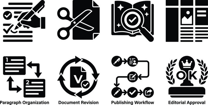 Set of black editorial and publishing workflow icons representing document editing, revision, proofreading, and approval process image_6c65e6.png