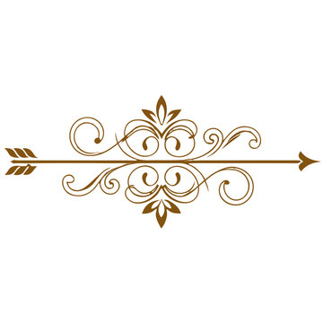 Elegant golden arrow divider with intricate scroll patterns and floral ornamentation isolated on transparent background for luxury stationery cards and sophisticated graphic design project decoration.