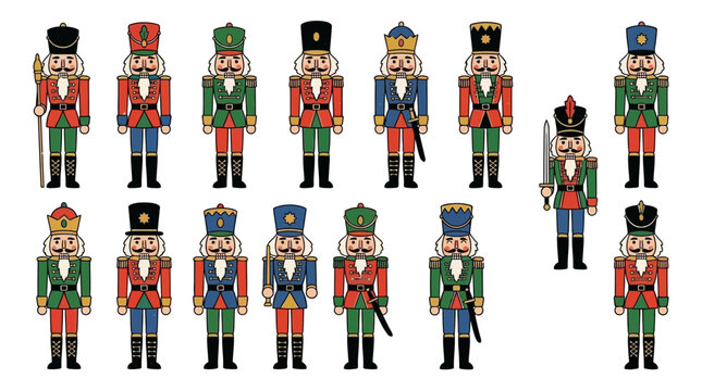 Assortment of traditional nutcracker toy soldiers in colorful uniforms