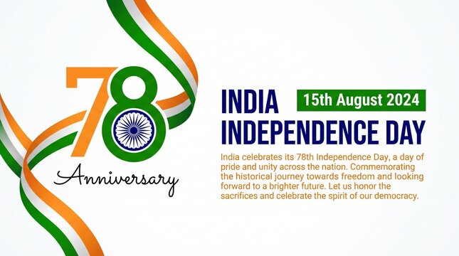 Celebration banner of 78th India Independence Day 15 August 2024. 78th Anniversary of Bharat Ganarajya 2024 Background with 78th logo and India Flag Riddon.