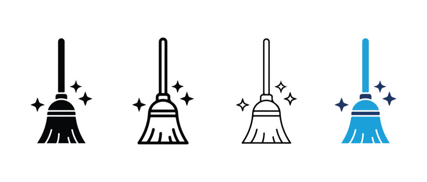 broom icons with sparkles on white background for cleaning and household chores
