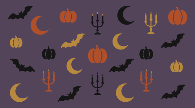 Halloween pattern with bats pumpkins moons and candelabras on purple background