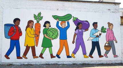 Obraz premium Diverse People Carrying Giant Vegetables Colorful Community Mural Art