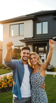 Happy Young Couple Holding House Keys Outside Modern Sold Home