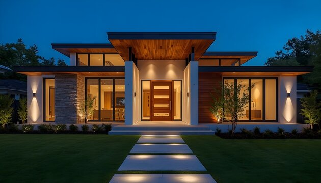 Modern luxury house facade exterior at night with warm lighting glowing windows green grass lawn and concrete path contemporary architectural villa home design creative 3d render illustration