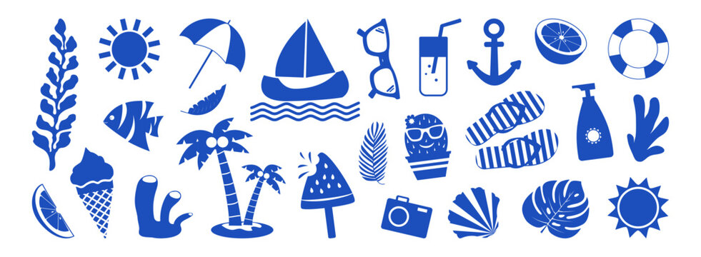Summer icon, sun and beach element, vacation doodle blue silhouette. Tropical holiday set. Cartoon summer amalfi color isolated on white background. Retro coastal fun collection. Vector illustration
