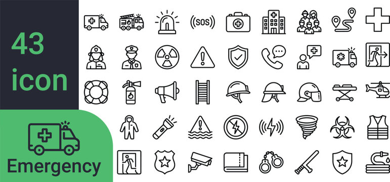 Emergency icons set collection ambulance fire truck medical cross safety equipment.