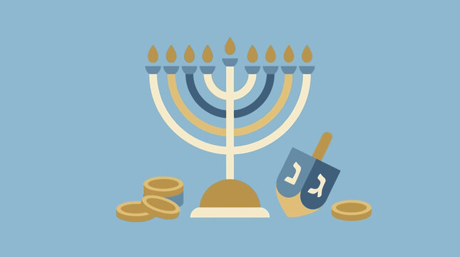Flat design illustration of a menorah with dreidel and gold coins