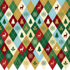 Seamless Christmas argyle pattern with reindeer and snowflakes © rio