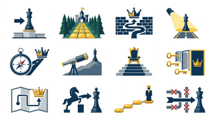 Collection of Chess Pieces and Strategy Icons Representing Business and Success. © To