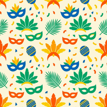 Seamless pattern with colorful carnival masks, maracas and feathers