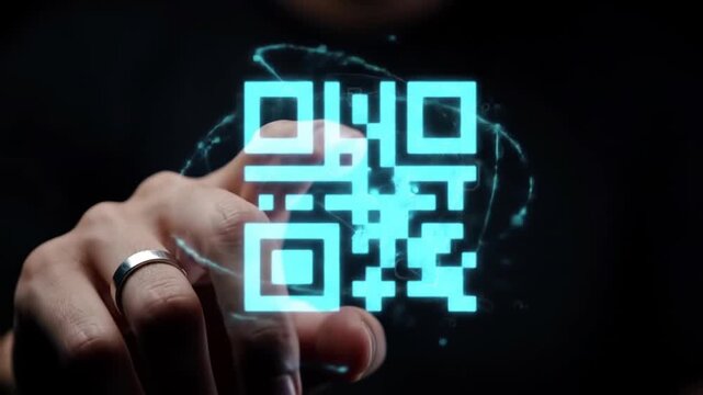 Man touching glowing blue digital QR code interface on dark background