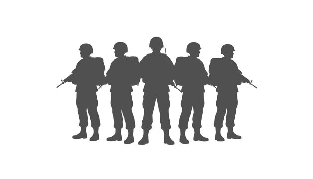 Five soldiers standing in a row carrying rifles, shown as a grey silhouette group against a white background.