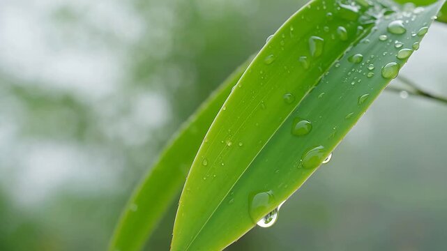 Green leaf with water droplets